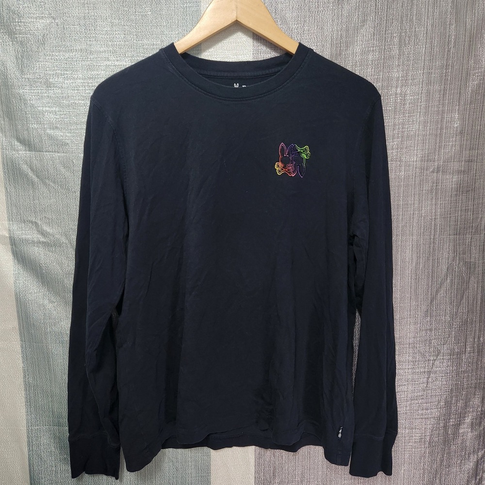 Psycho Bunny Mens Navy Blue Rainbow Logo Long Sleeve Pima Cotton Tee Size 5 L